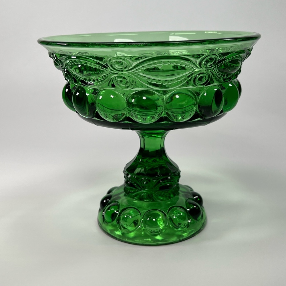 LG Wright Eye Winker Green Glass Compote Pedestal Bowl